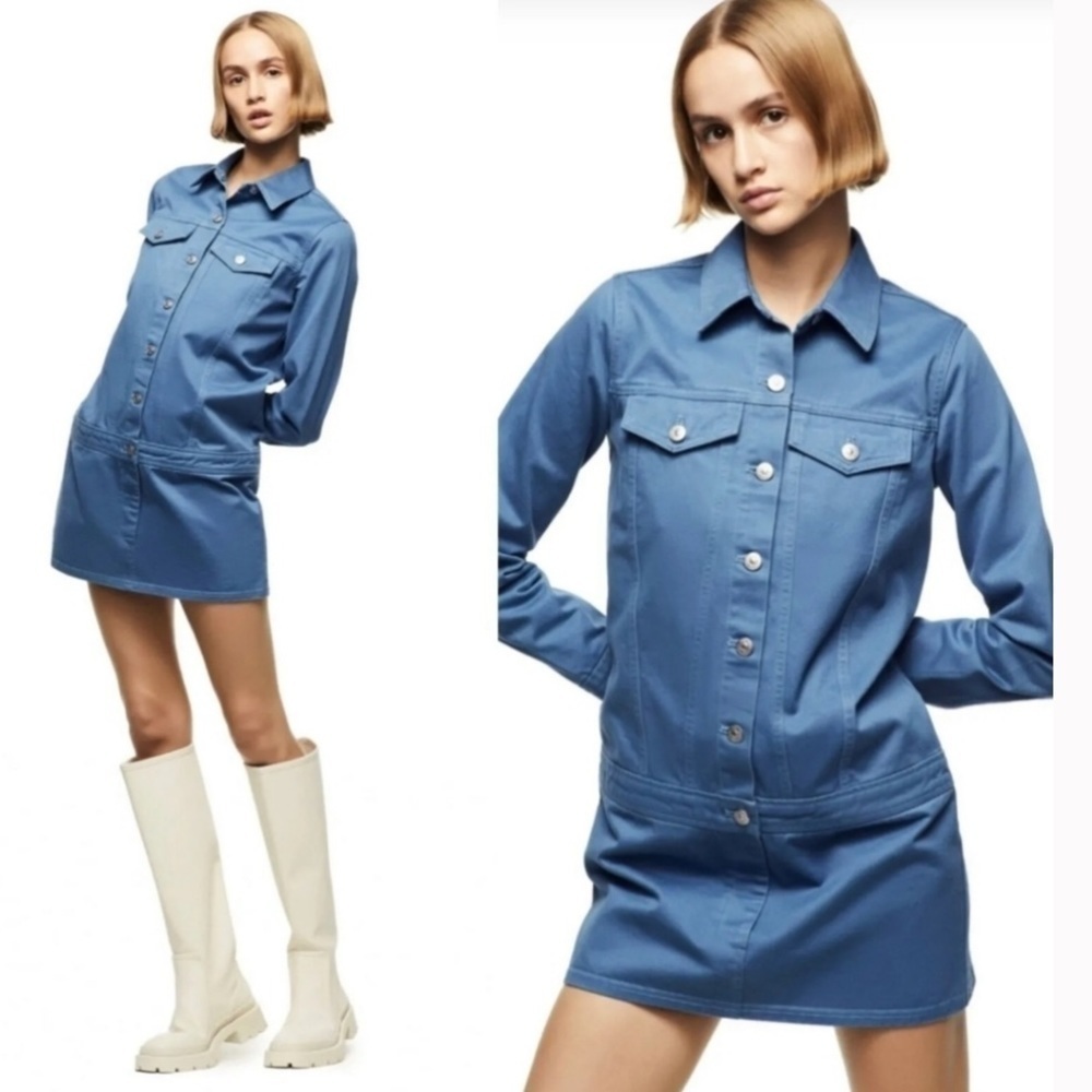 NWT ZARA Blue Coated Denim Button Down Utility Mini Dress Sz M